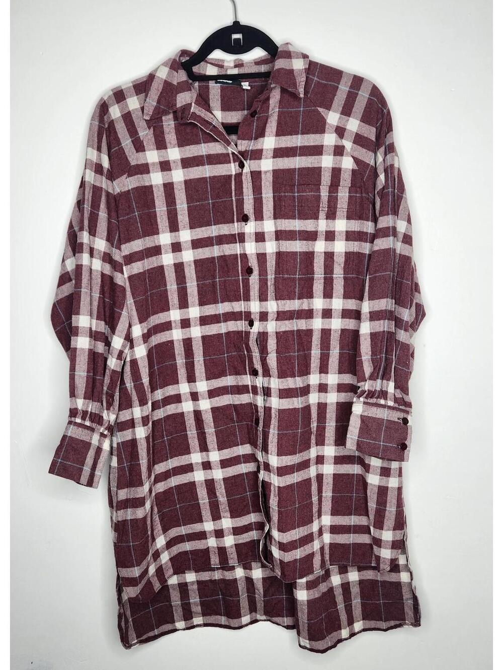 ASOS Design Shirt Dress Womens US 2 Burgundy Plaid Flannel Button Front Tunic